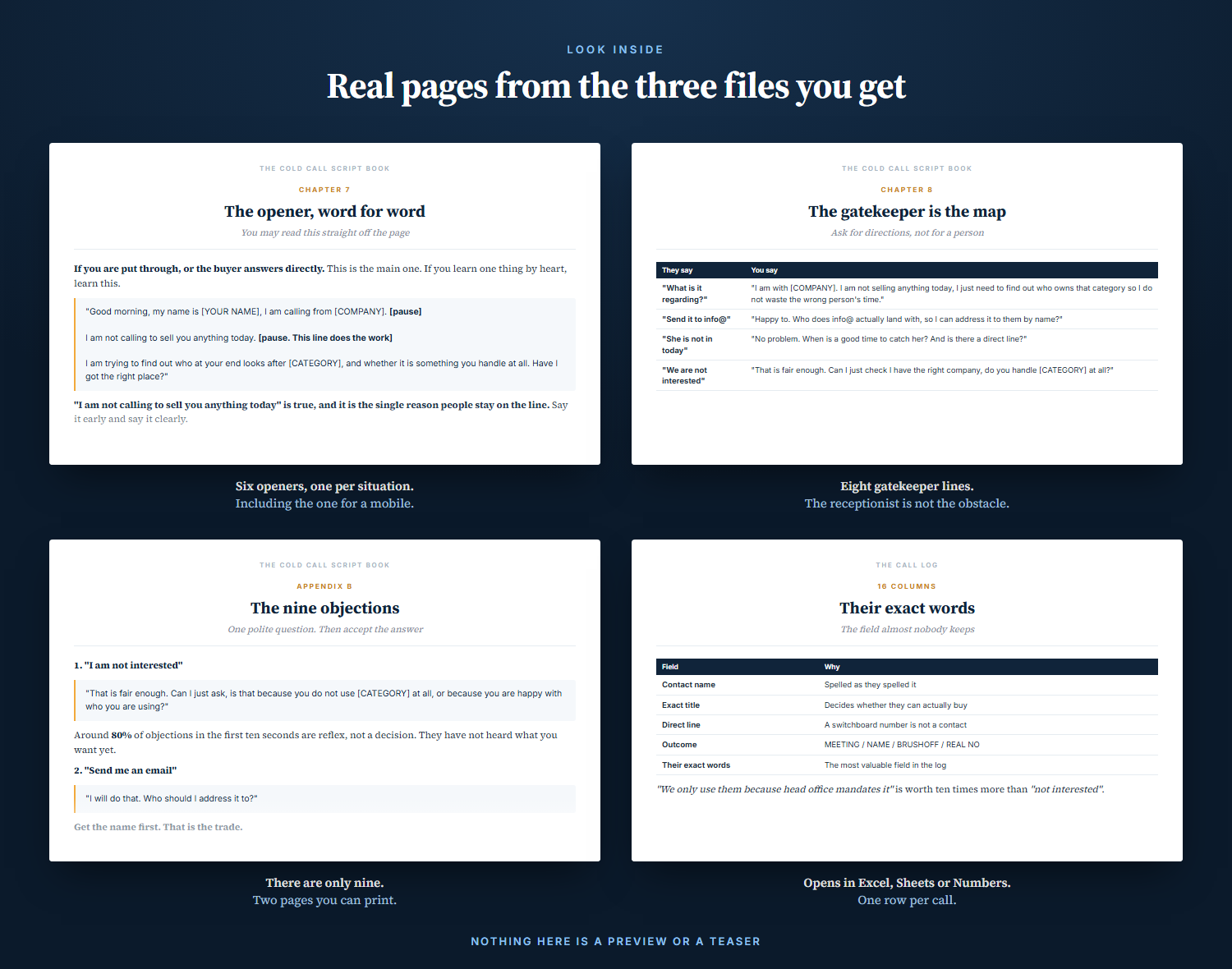 Four real pages from the book: the opener written out word for word, the gatekeeper table, the nine objections, and the call log columns